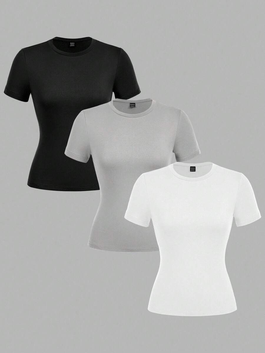 SHEIN EZwear Bộ 3 áo thun bodycon cổ tròn tay dài thường ngày cho nữ - Nhiều màu - Xem 1