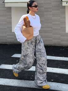 Dazy Plus Asymmetrische Batik-Elastikbund Kordelzug Loose Street Style Große Größen Frauen Plissee Lang Jogginghose - Grau - Übersicht 5