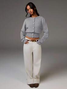 Athîral Women's Gray Autumn Casual Everyday Long Sleeve Button-Up Cropped Cardigan Sweaters,Solid Color Versatile Fall/Winter Knitwear - Light Grey - View 4