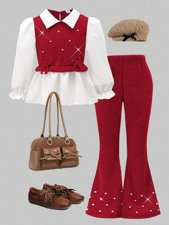 Girls' Spring/Autumn Casual Outfit, Red Bow Decor Knitted Ribbed Shirt With Ruffle Hem Paired With Khaki Pearl Flared Pants, 2pcs Set, Suitable For Back To School, Casual, Fashion, Sweet, Comfortable Outdoor Wear