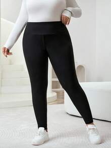 SHEIN CURVE+ 大码女式休闲纯色高腰加厚羊毛紧身裤，百搭日常通勤，秋冬装 - 黑與白 - 查看 5