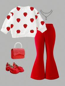 1 Set Baby Girls Casual Fashionable Sweet Cute Strawberry Print White Crew Neck Sweatshirt And Red Flared Pants Set, Autumn/Winter Baby Girl Sweatshirt Set, Strawberry Sweatshirt And Pants Two Pieces Casual Outfit - Multicolor - View 2