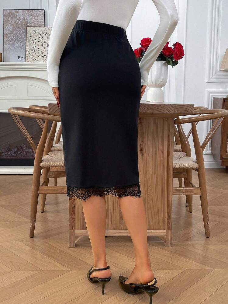 Women's Elegant Solid Color Lace Trim Pencil Skirt, Suitable For Commuting
