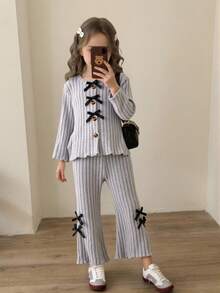 Elladie kids 2 Stücke/Set Kleinkind Mädchen süßer flauschiger gerippter Langarm-Top mit Schleifen-Dekor, modisch & niedlich kombiniert mit lässiger Sporthose