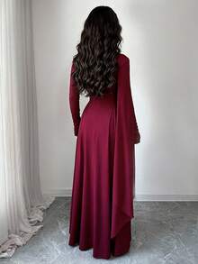 Islaluna Robe élégante urbaine en mousseline de soie avec patchwork, col montant, manches longues, coupe évasée, avec décoration de broche en métal. Convient pour la remise des diplômes, les événements de vacances, les sorties, les mariages, l'automne/hiver