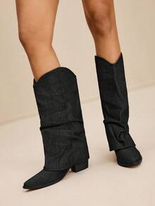 Daringsoles Women's Pointed Toe Western Style Ruched Chunky Heel Boots For Christmas