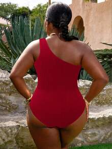 Slaydiva Traje de baño de una pieza con un hombro, acanalado, con recorte y pliegues, para mujer de talla grande, casual y para vacaciones - Rojo - Ver 2
