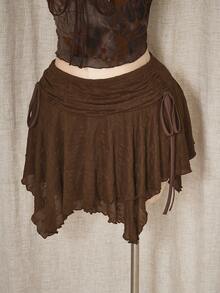 SHEIN ICON 大码女式波西米亚风格棕色纹理针织不对称迷你裙 - 棕色 - 查看 4