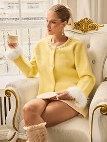 Chiquease 女士圆领时尚装饰开衫，黄色 - 黃色 - 查看 7