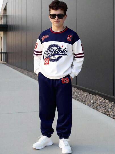 2 件套青少年男孩休闲撞色字母图案圆领运动衫和配套撞色卷边运动裤套装，适合秋季搭配休闲鞋