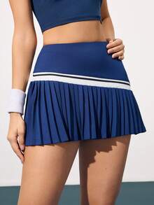 CourtClass 女式条纹褶边休闲健身运动迷你裙 - 藍色 - 查看 3
