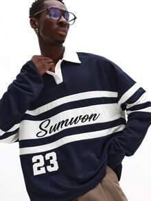 SUMWON 男士长袖橄榄球 Polo 衫，条纹撞色设计，领口和数字印花，休闲款 - 黑與白 - 查看 1