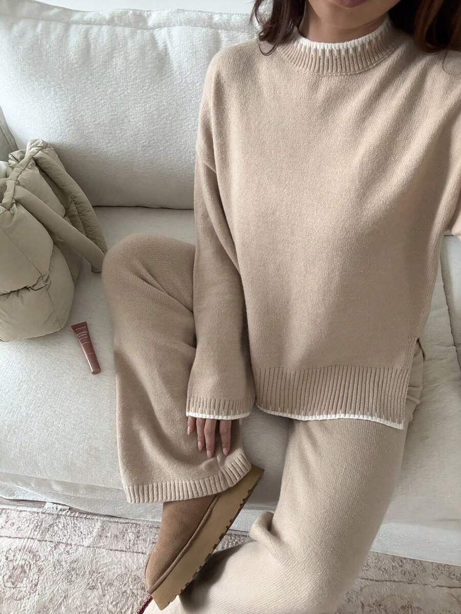 SHEIN Unity 2pcs Women Colorblock Rib-Trim Round Neck Long Sleeve Sweater And Pants Set Fall Winter Cloth For Women - Khaki - View 1