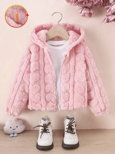 SHEIN Genkimix Kids 少女休闲毛绒夹克，粉色，前拉链，心形图案，秋冬连帽开衫