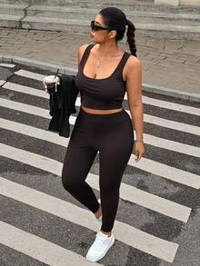 SHEIN EZwear Bộ đồ tập yoga 3 món cỡ lớn màu đen: Áo vest, áo khoác và quần, co giãn và nhẹ - màu nâu - Xem 3