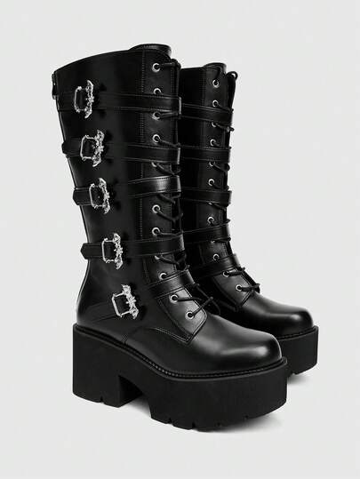 Grunge Punk Women's Punk Style Thick Sole Platform Knee High Boots, Black Gothic Metal Bat Buckle Decor, Comfortable Knee-High Knight Boots, Halloween