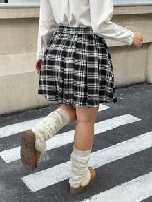 Muchica 大码格子褶皱 A 字裙，适合通勤、约会、返校季、秋冬