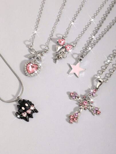 Goth 2pcs Punk Vintage Style Rhinestone Star Pendant Necklace, Luxury Iced Out Double Layer Star Chain Necklace, Streetwear Choker