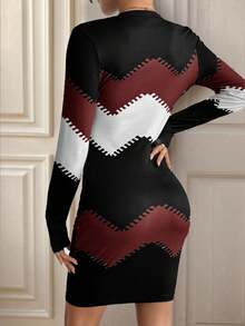 Chiquease 撞色印花休闲长袖连衣裙 酒红色女装 - 酒紅色 - 查看 2