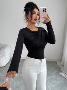 Rafferiza Women's Solid Color Round Neck Long Sleeve Ruched Fitted Fashion T-Shirt Long Sleeve Black Top Women Long Sleeve Tops Black Sexy Tops Full Sleeve Tops - Black - View 4