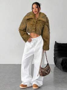 SHEIN PETITE Plush Gradient Women's Fake Fur Jacket, Cropped Style, Warm And Suitable For Autumn And Winter - Brown - View 3