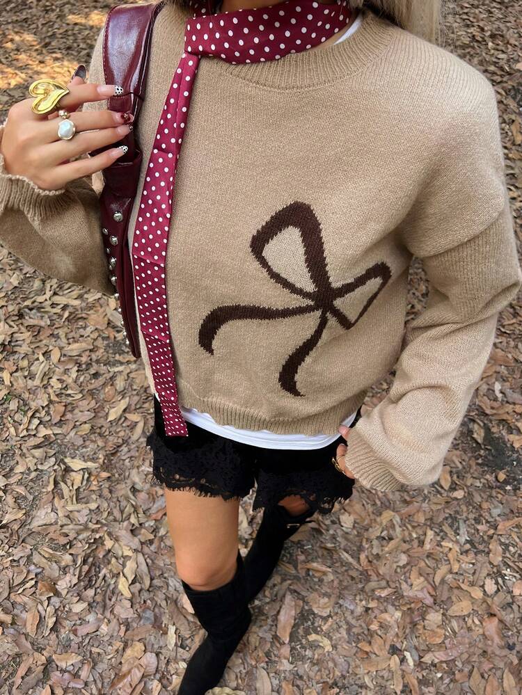 Women's Bow Jacquard Pullover Knit Sweater