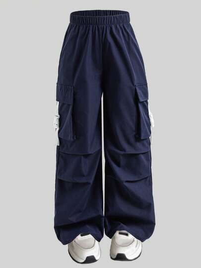 Sparklyn Tween Girls' Solid Color Elastic Waist Casual Cargo Pants