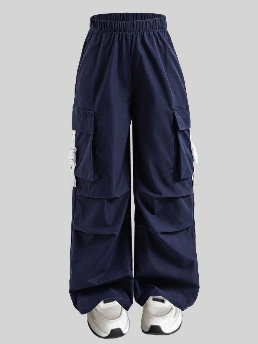 SHEIN Tween Girls' Solid Color Elastic Waist Casual Cargo Pants - Navy Blue - View 1