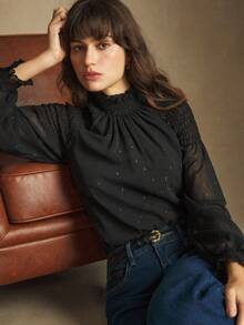 BizChic Áo kiểu tay phồng cổ cao màu đen mới mùa Thu/Đông 2025 với họa tiết thêu chỉ kim loại, thanh lịch, phù hợp cho công sở, đi làm hàng ngày, lãng mạn, phong cách thập niên 90, Giáng sinh và Năm mới. Thích hợp cho Lễ Tạ ơn, tiệc tùng, đi biển, lễ tốt nghiệp, kỳ nghỉ, dự đám cưới, tiếp khách, hẹn hò, tiệc tùng, buổi hòa nhạc, bữa ăn sáng muộn, sân bay. - màu đen - Xem 2