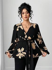 Elenzga Vestido maxi con cuello cruzado, mangas abullonadas y volantes con estampado floral elegante para mujer de talla grande, blusa de otoño para mujer - Negro - Ver 3