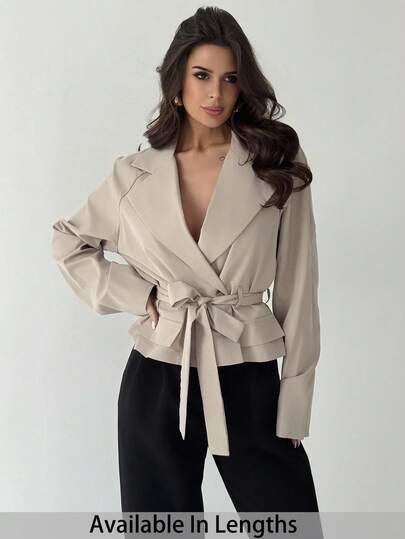 SHEIN PETITE CURVE Plus Size New Khaki Three-Dimensional Pocket Belt Women's Thin Windbreaker Jacket/Winter