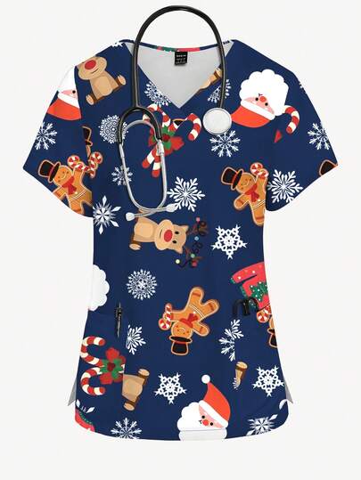 PopScrub 女士时尚 V 领短袖卡通驯鹿、雪花、圣诞树和圣诞老人印花护士服上衣，圣诞主题