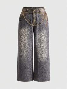 ROMWE Grunge Punk Plus Size Y2K Leopard Print Rhinestone Chain Flare Jeans - Brown - View 1