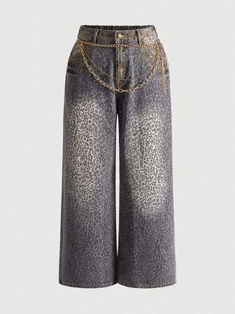 Grunge Punk Jeans mit Leoparden-Muster, Strass-Kette und Glockenform für Große Größen im Y2K-Stil