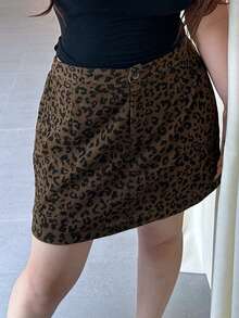 Dazy Plus Leopard Print Mini A-Line Skirt With Elastic Waist, Corduroy Fabric, Autumn/Winter - Brown - View 8