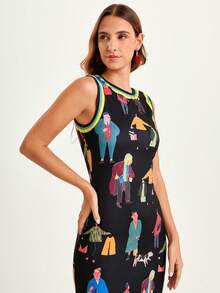 CAJUNI Đầm dệt kim in họa tiết dáng lửng cho nữ, đầm midi nữ, đầm dài mùa hè cho nữ, đầm dài đi biển cho nữ, đầm dài đến mắt cá chân, đầm dài cho nữ, đầm dài cho nữ, đầm không tay, đầm in họa tiết, đầm midi nữ - màu đen - Xem 5