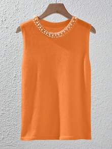 INAWLY Women Plus Size Solid Color Faux Pearl Decor Round Neck Orange Sweater Vest, Orange Top, Daily Wear Winter Fall Autumn - Orange - View 4
