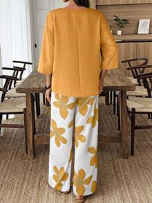 EMERY ROSE 女式复古优雅图案七分袖上衣和裤子套装 - 彩色 - 查看 2