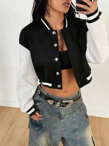 SHEIN PETITE 1 pieza Chaqueta bomber ligera de mujer con bloques de color contrastantes, ropa casual para el trayecto en otoño/invierno - Negro - Ver 6