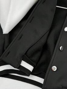 SHEIN PETITE 1 pieza Chaqueta bomber ligera de mujer con bloques de color contrastantes, ropa casual para el trayecto en otoño/invierno - Negro - Ver 7