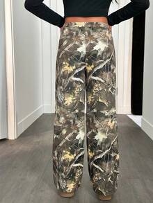 SHEIN Quần nỉ rộng rãi, cạp chun, in hình cành cây, thích hợp cho bé gái tuổi teen, kiểu dáng cơ bản, đa năng mặc hàng ngày, thích hợp cho mùa tựu trường. - xanh quân đội - Xem 2