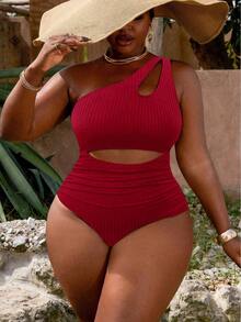 Slaydiva Traje de baño de una pieza con un hombro, acanalado, con recorte y pliegues, para mujer de talla grande, casual y para vacaciones - Rojo - Ver 5