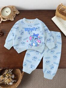Set de 2 piezas de sudadera y pantalones a juego con estampado de conejo de dibujos animados lindo para niñas jóvenes, azul océano, conjunto casual cómodo para otoño/invierno - Multicolor - Ver 3