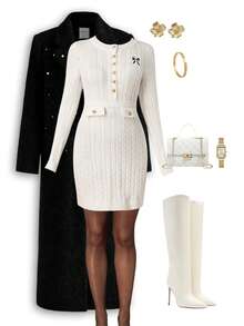 Ellevyn 女士优雅通勤蝴蝶结刺绣修身针织连衣裙