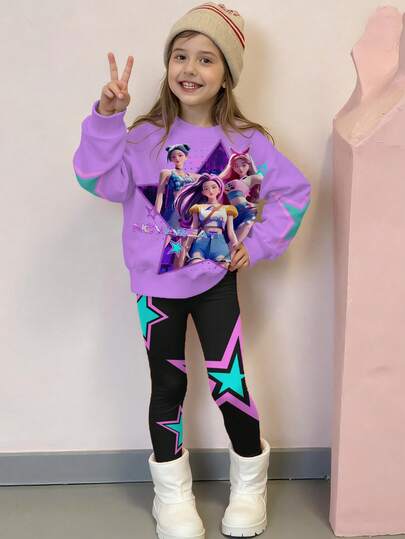 SHEIN Explorewe 2ชิ้น/ชุด KPOP เสื้อพิมพ์ลายกราฟิก, เสื้อสเวตเตอร์คอกลมเด็กผู้หญิงและชุดเลกกิ้ง, แฟชั่นลำลอง, เหมาะสำหรับฤดูใบไม้ร่วง/ฤดูหนาว