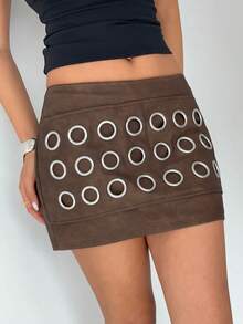 Aloruh Falda corta de mujer con diseño de ojales a la moda - Verde - Ver 6