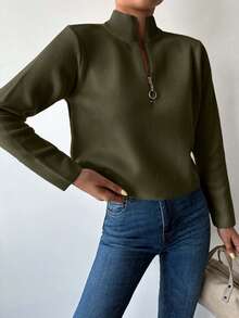 SHEIN Tall Maglione basic con mezza chiusura lampo, taglia alta, colore unito - Verde militare - Visualizzare 5