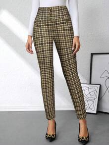 Ellevyn 女式优雅格子印花金属扣装饰黑白高腰修身针织裤，夏季 - 卡其色 - 查看 6