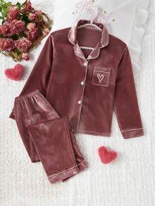 SHEIN 2 件套女童睡衣套装，休闲韩版羊毛心形刺绣开衫和长裤睡衣，浅粉色 - 藕粉色 - 查看 3