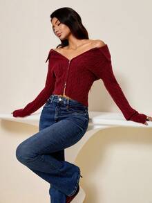 Lyxana Women's Turndown Collar Zipper Front Cable Knit Cardigan - Burgundy - View 1